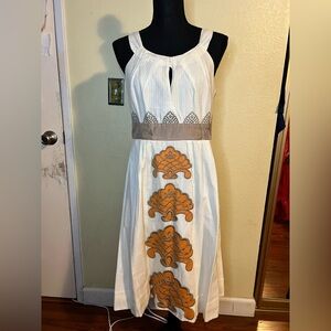 Anthropologie White and Orange Embroidered Maxi Dress
